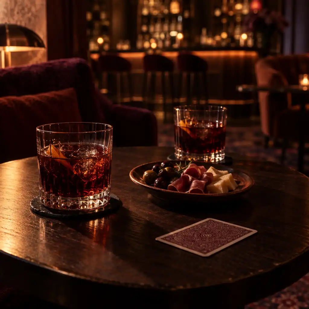 Close-up of a small table in the lounge with two dark drinks, a small plate of food, and a playing card face down