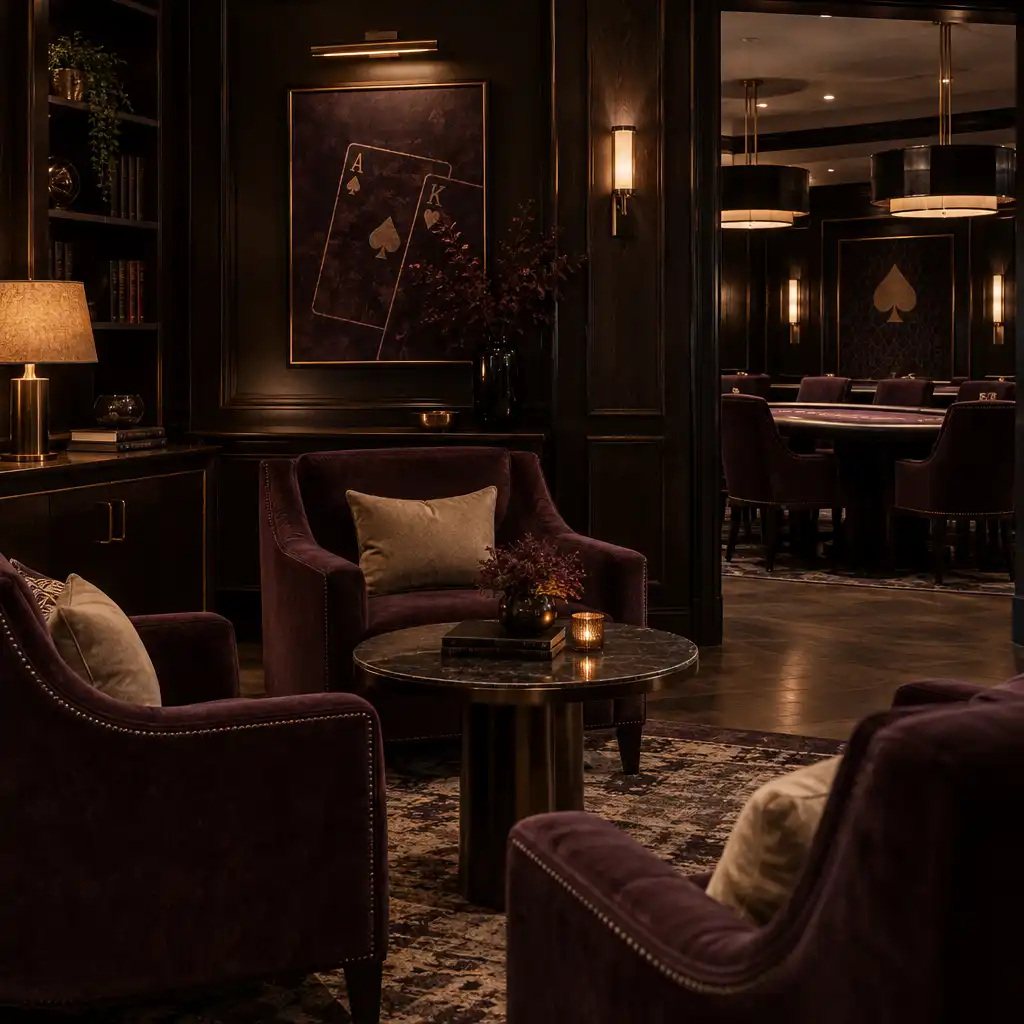 Cozy card lounge seating area with armchairs and warm dim lighting adjacent to the poker room