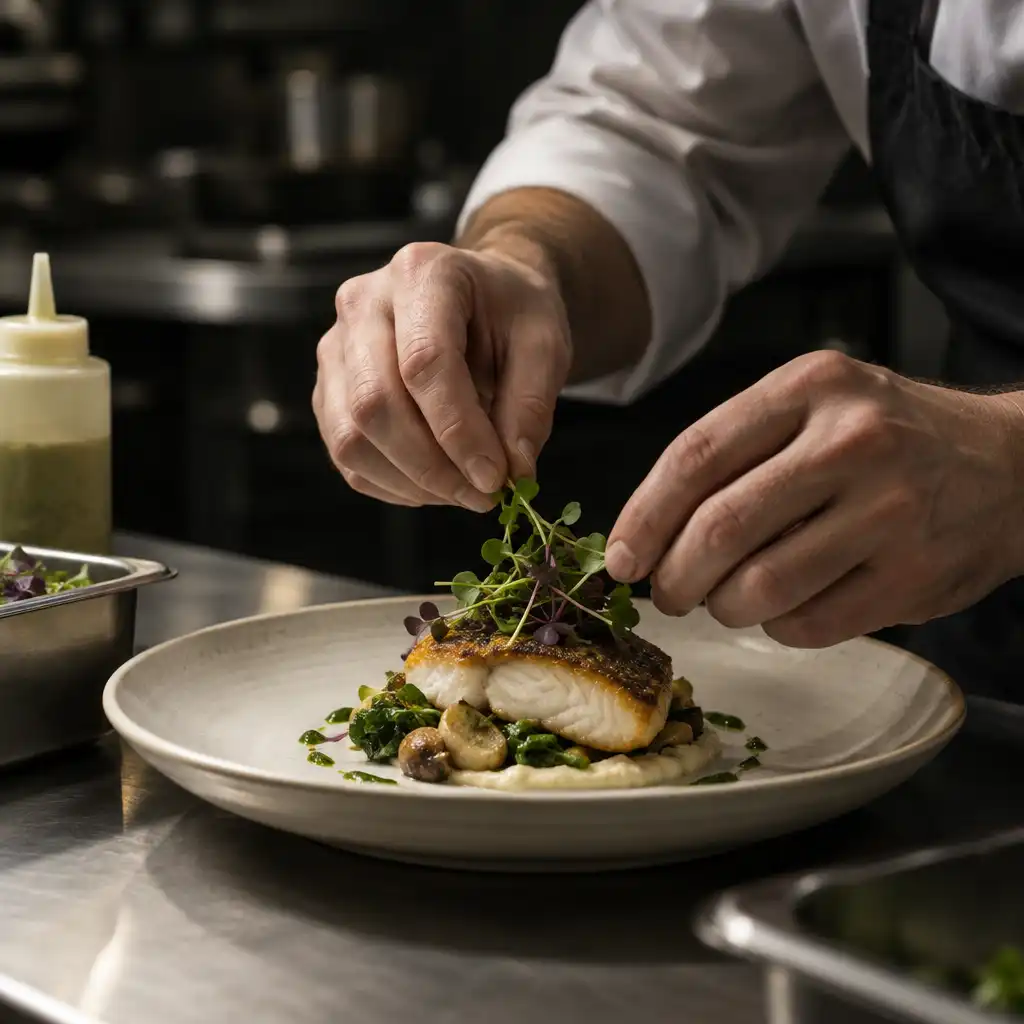 A chef's hands carefully placing microgreens on a plated fish dish in a warm, focused kitchen scene.