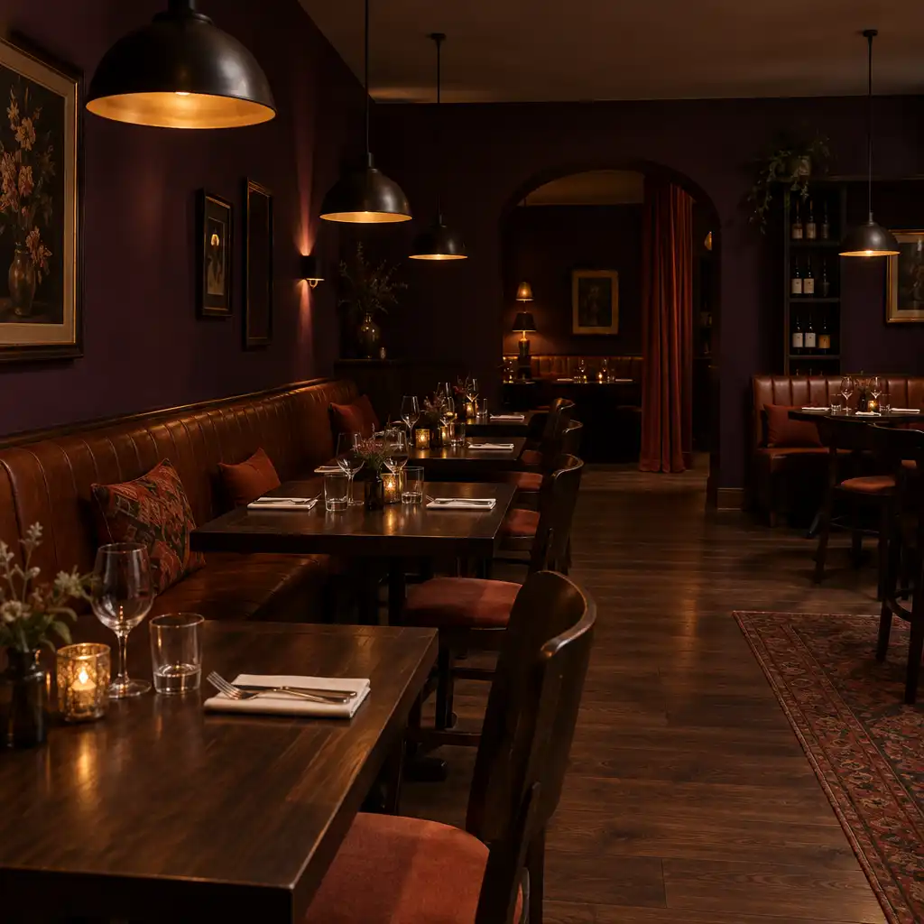 An intimate restaurant dining room with dark wood tables, leather banquettes, and low pendant lights casting warm pools of light.