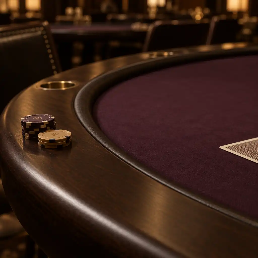 Close-up of a full-ring poker table showing the dark wooden rail and aubergine felt junction with chips