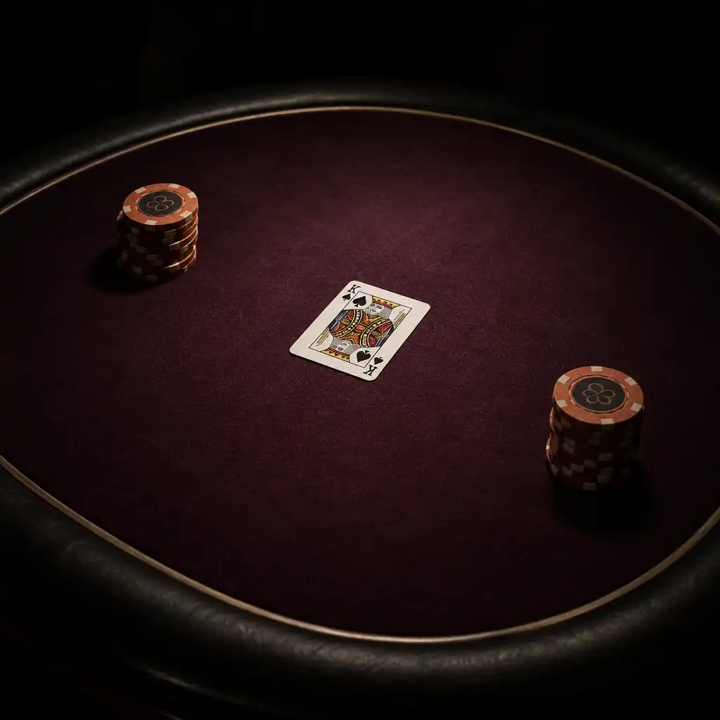 Close-up of a compact heads-up poker table with two chip stacks and a single face-up card under dramatic light