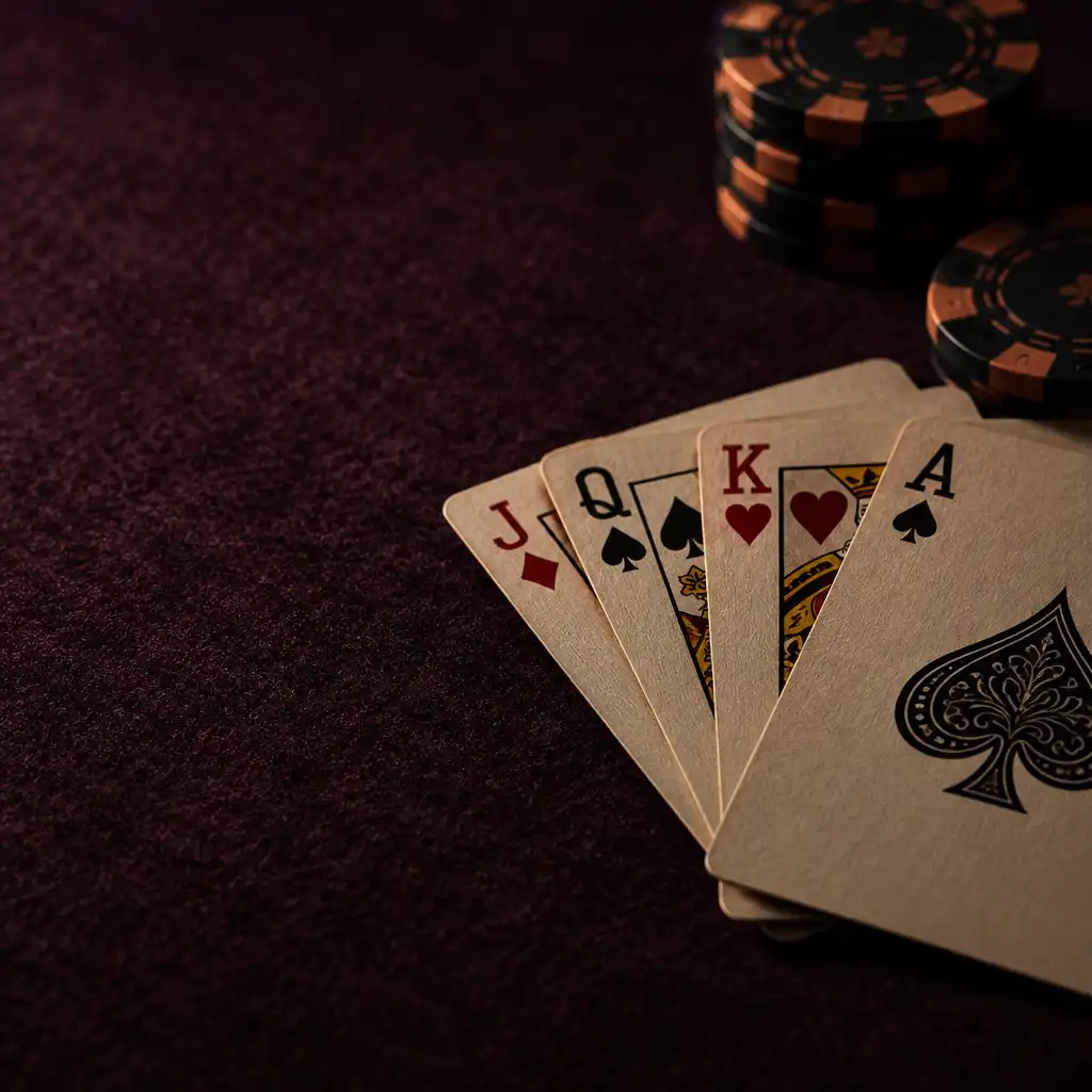 Close-up of poker cards spread on a dark aubergine felt table with terracotta chips nearby
