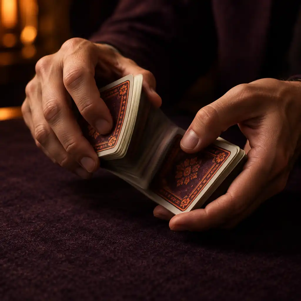 Close-up of a player's hands shuffling a deck of cards over a dark felt table