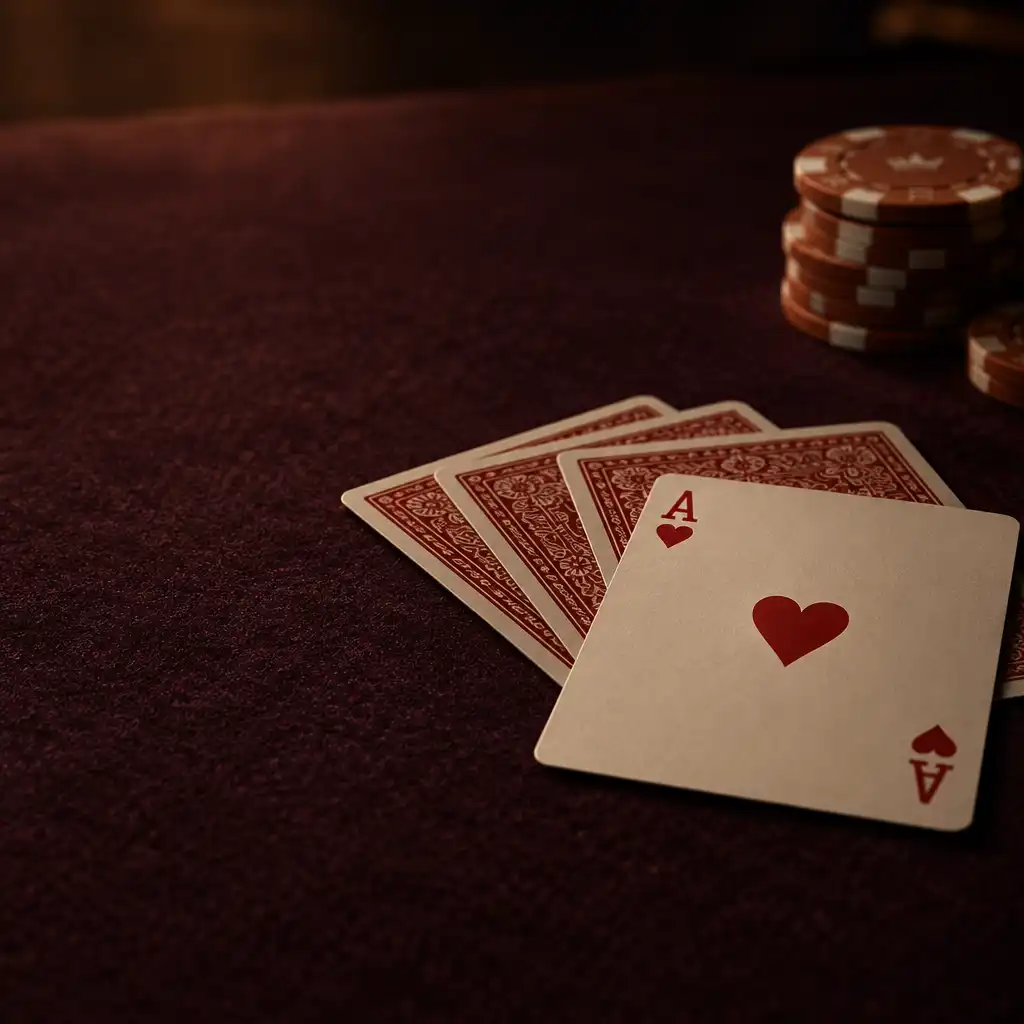 Close-up of playing cards and chips on a deep aubergine felt poker table under warm light