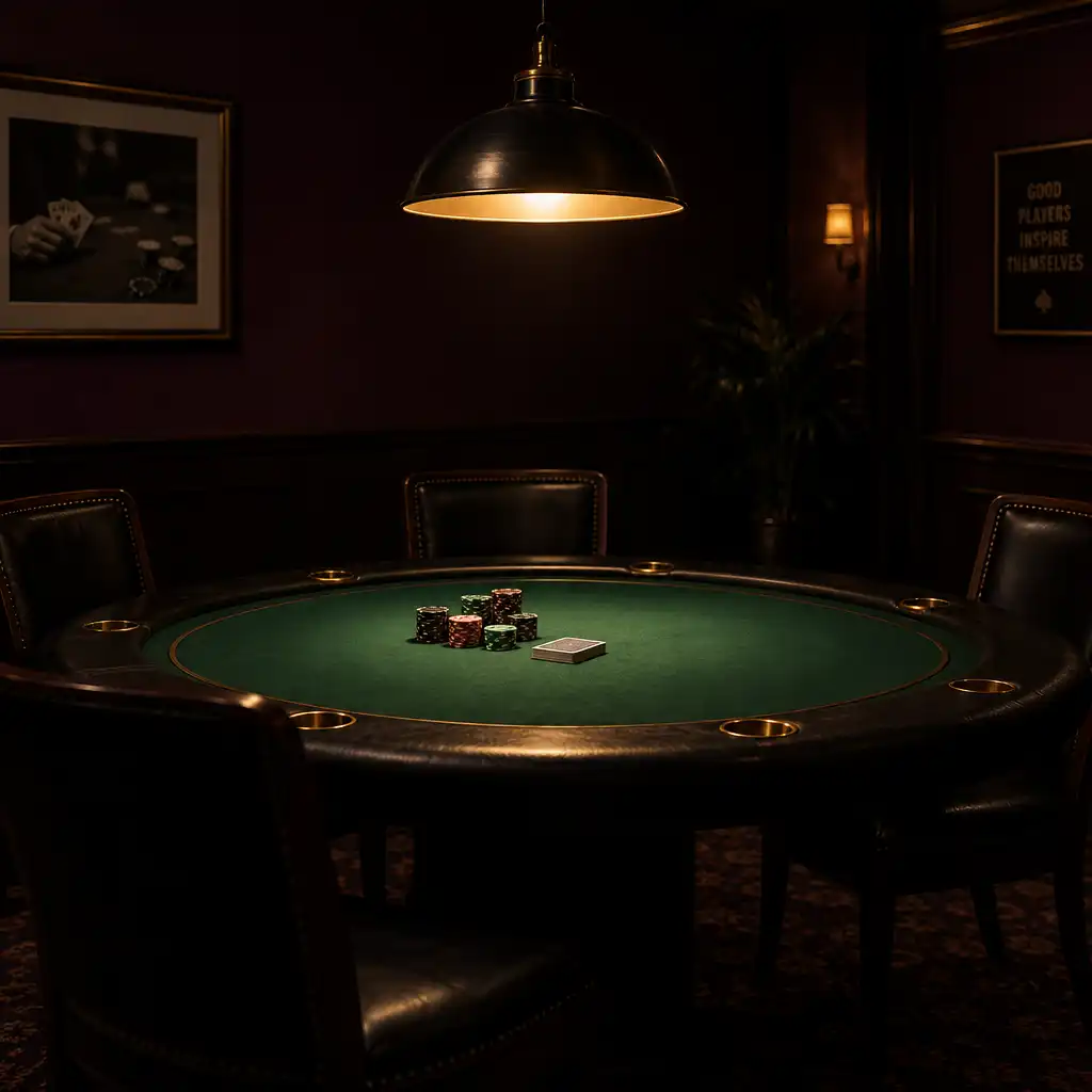 A single pendant light glowing over a dark felt poker table in a dimly lit room