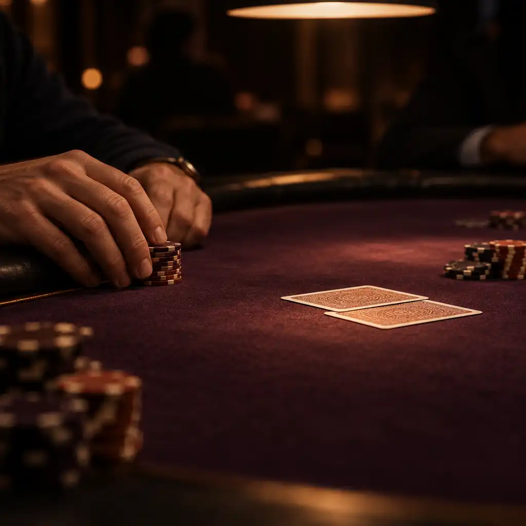 Close-up of a poker table at night with hands resting near a stack of chips, warm light on aubergine felt