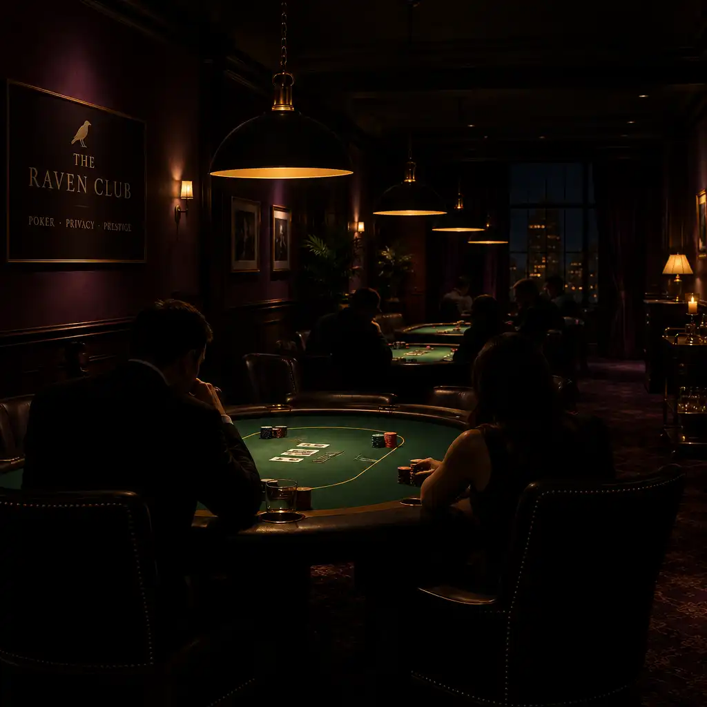 Poker room at night with several tables under warm low-hanging lamps, aubergine walls and deep shadows