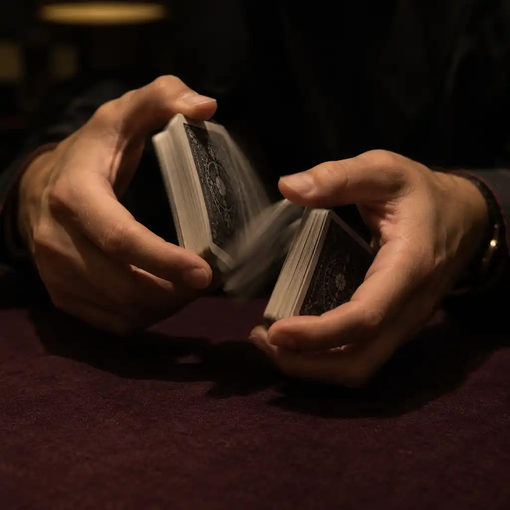 Close-up of hands shuffling a deck of poker cards over dark aubergine felt under a single warm overhead lamp