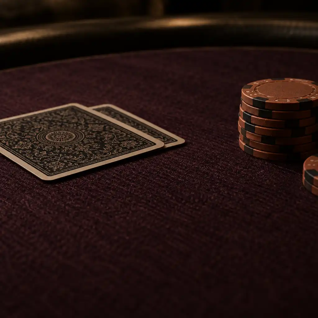 Close-up of aubergine poker felt with face-down cards and a small stack of clay chips under warm directional light