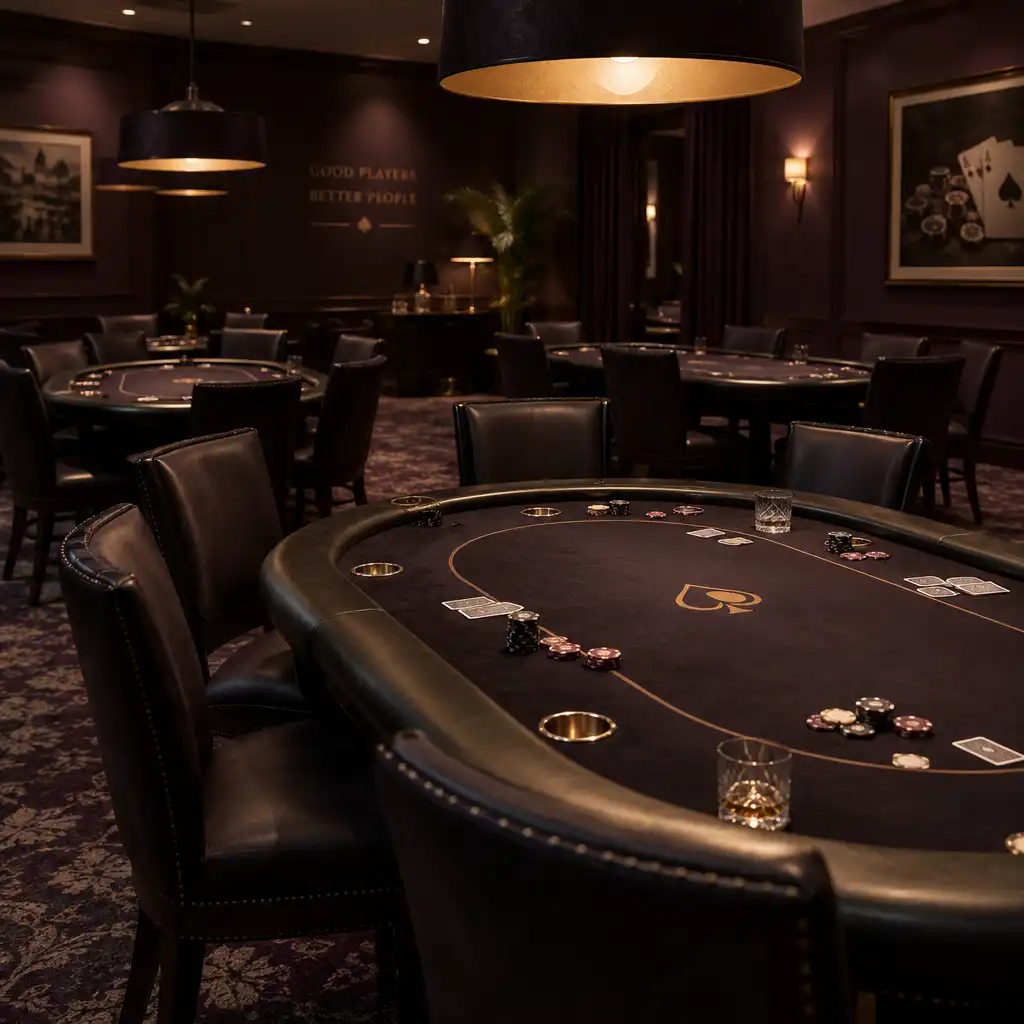 Interior of the Card Wing Newtown poker room with several oval felt tables and warm ambient lighting