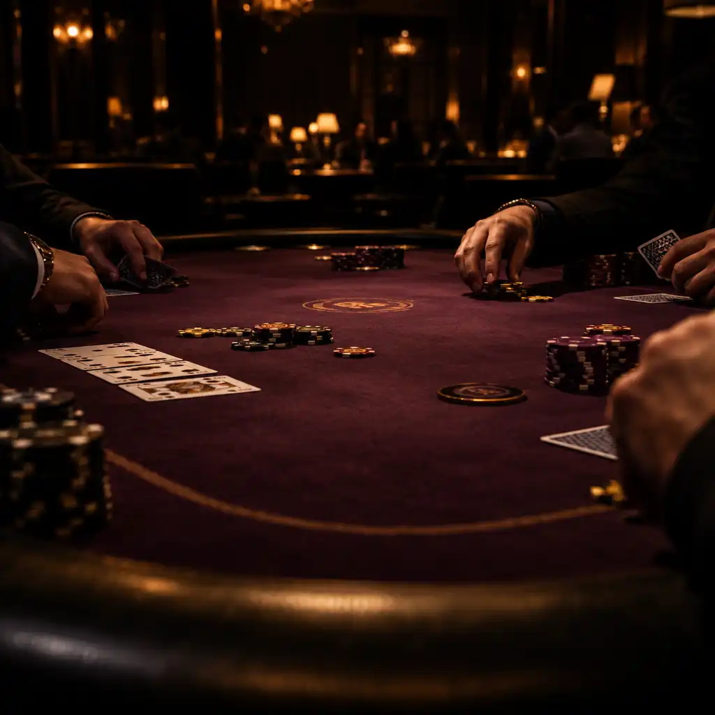 Wide shot of a poker table under warm low light with players' hands, chips, and cards in motion