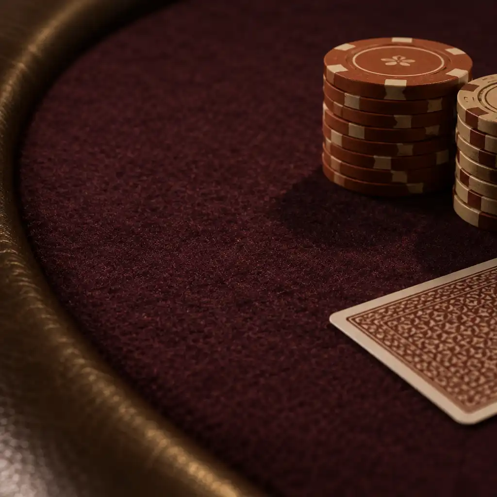 Extreme close-up of a poker table surface showing aubergine felt texture, padded rail, and stacked chips