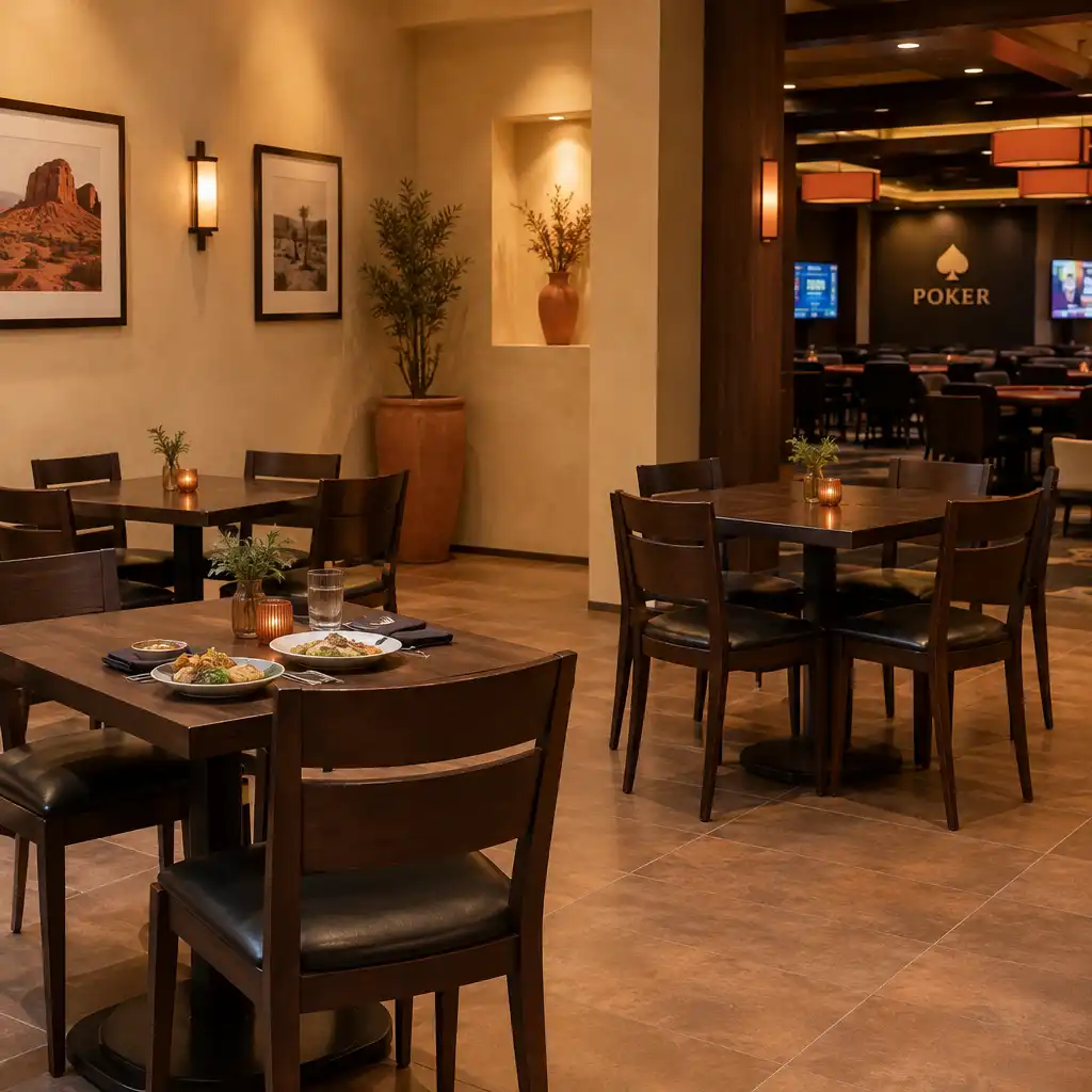Small restaurant dining area within the venue with simple tables and warm lighting