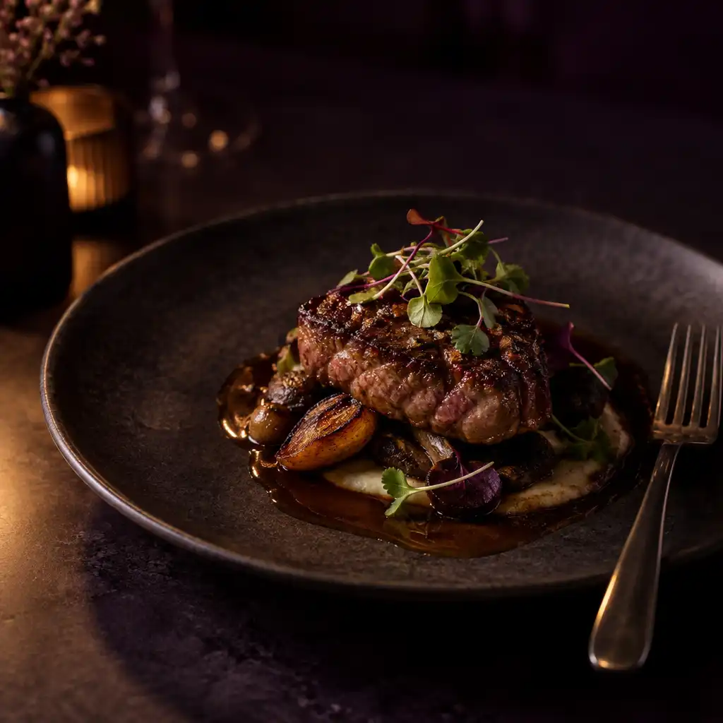 A beautifully plated dish with a seared piece of meat, rich sauce, and microgreens on a dark ceramic plate, lit by warm low light.